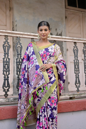 Purple color soft silk saree with printed work