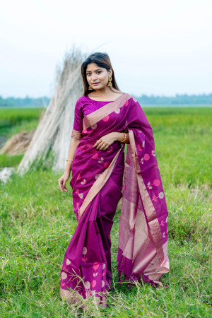 Wine color soft linen silk saree with jamdani woven design