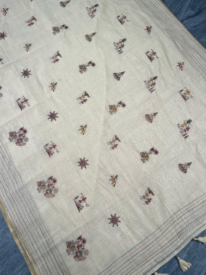 Cream color cotton saree with embroidery work