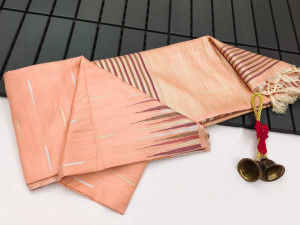 Peach color soft tussar silk saree with zari woven work