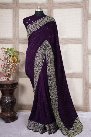 Wine color soft vichitra silk saree with embroidery work