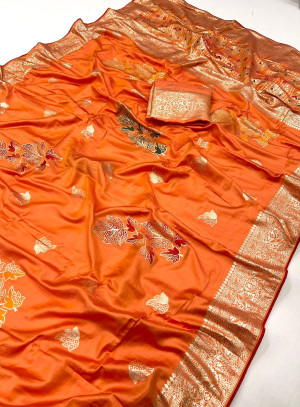 Orange color soft viscose silk saree with zari weaving work