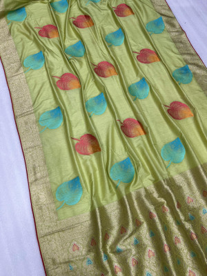 Pista green color soft dola silk saree with meenakari weaving work