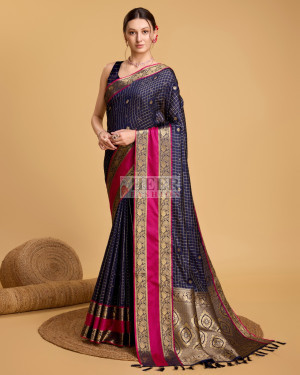 Navy blue color cotton silk saree with zari weaving work