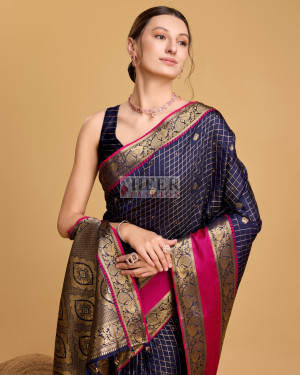 Navy blue color cotton silk saree with zari weaving work