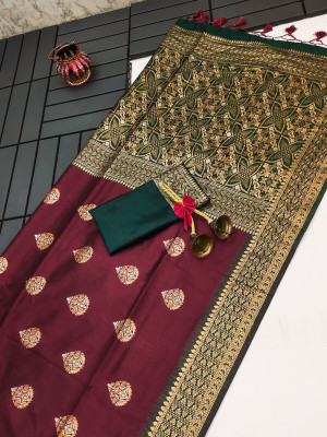 Maroon color soft tussar silk saree with zari weaving work