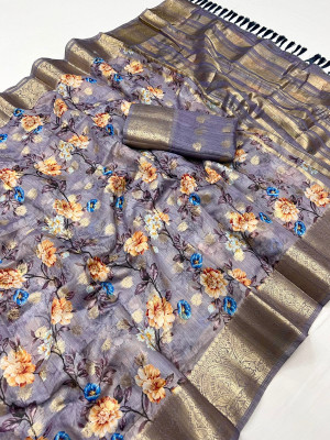 Lavender color cotton silk saree with digital printed work