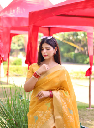 Yellow color soft linen silk saree with jamdani woven design