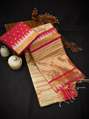 Beige color soft handloom raw silk saree with weaving work