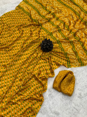 Yellow color dola silk saree with bandhej printed work