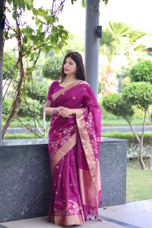 Wine color soft linen silk saree with jamdani woven design