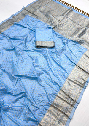 Sky blue color dola silk saree with zari weaving work