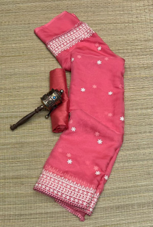 Pink color organza silk saree with embroidery work