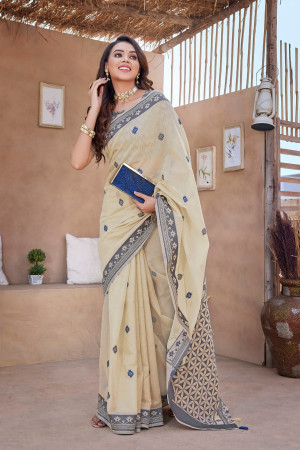 Off white color cotton saree with weaving work