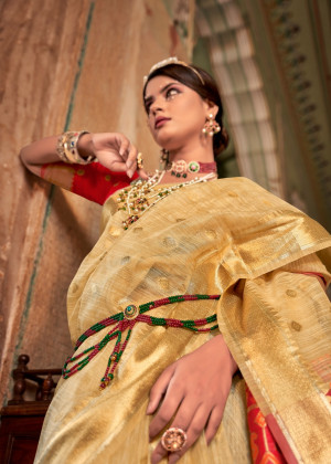 Beige color cotton silk saree with zari weaving work