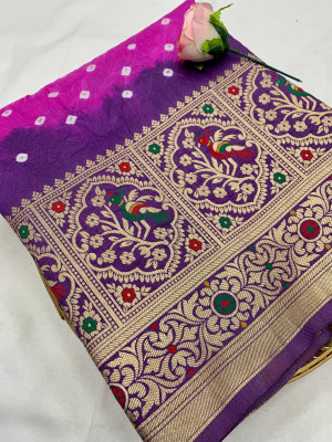 Pink and purple color bandhej silk saree with meenakari weaving work
