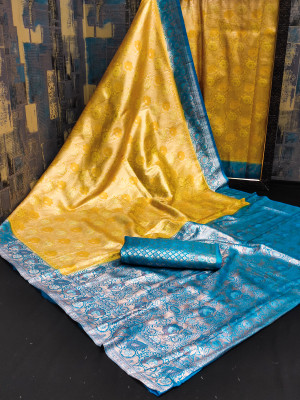 Yellow and firoji color kanjivaram silk saree with zari weaving work