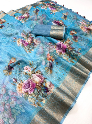 Sky blue color linen silk saree with printed work
