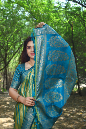 Green color soft leheriya silk saree with zari weaving work