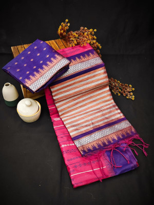 Pink color soft handloom raw silk saree with weaving work