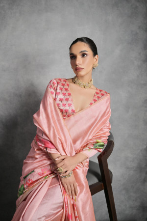 Peach color soft silk saree with printed work