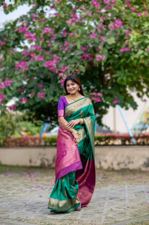 Green color soft banarasi silk saree with zari weaving work