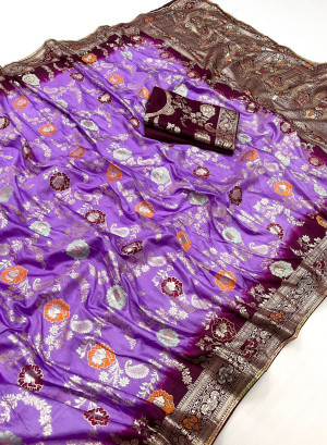 Lavender and magenta color dola silk saree with zari weaving work