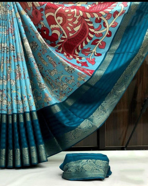 Blue color dola silk saree with digital kalamkari printed work