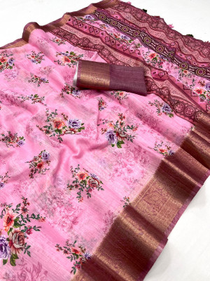 Baby pink color linen silk saree with printed work