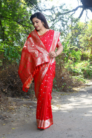 Red color soft satin silk saree with zari weaving work