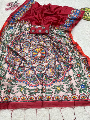 Red color tussar silk saree with madhubani printed work