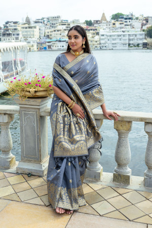 Gray color soft silk saree with zari weaving work