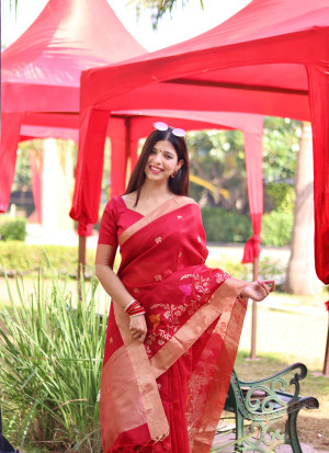Red color soft linen silk saree with jamdani woven design