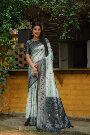 Sky blue color kanjivaram silk saree with  zari weaving work