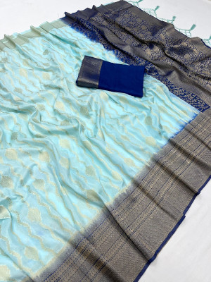 Sky blue color georgette saree with zari weaving work