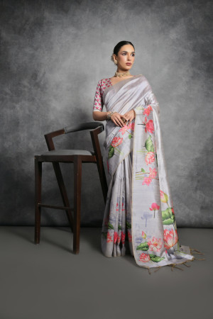 Gray color soft silk saree with printed work