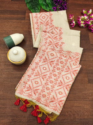 Off white color soft muga cotton saree with jamdani woven design