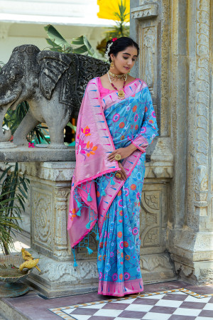 Firoji color paithani silk saree with zari weaving work