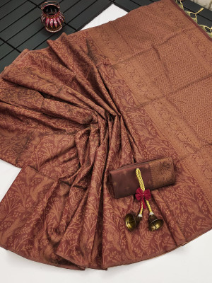 Brown color soft handloom raw silk saree with weaving work