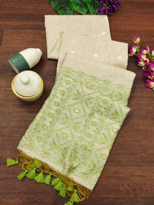 Off white color soft muga cotton saree with jamdani woven design