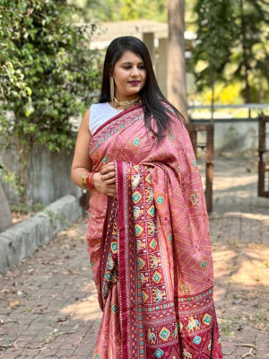 Gajari color pashmina silk saree with printed work
