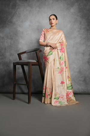 Cream color soft silk saree with printed work