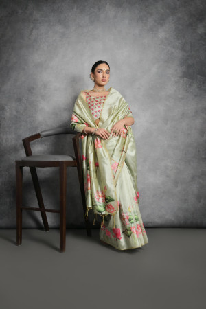 Pista green color soft silk saree with printed work