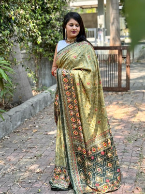 Mahendi green color pashmina silk saree with printed work