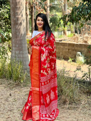 Red color dola silk saree with printed work