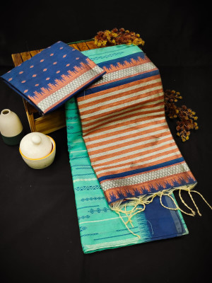 Sea green color soft handloom raw silk saree with weaving work