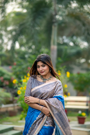 Blue color tussar silk saree with madhubani printed work