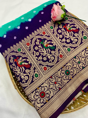 Sea green and purple color bandhej silk saree with meenakari weaving work