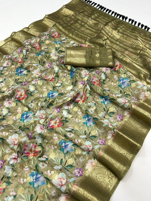 Mahendi green color cotton silk saree with digital printed work