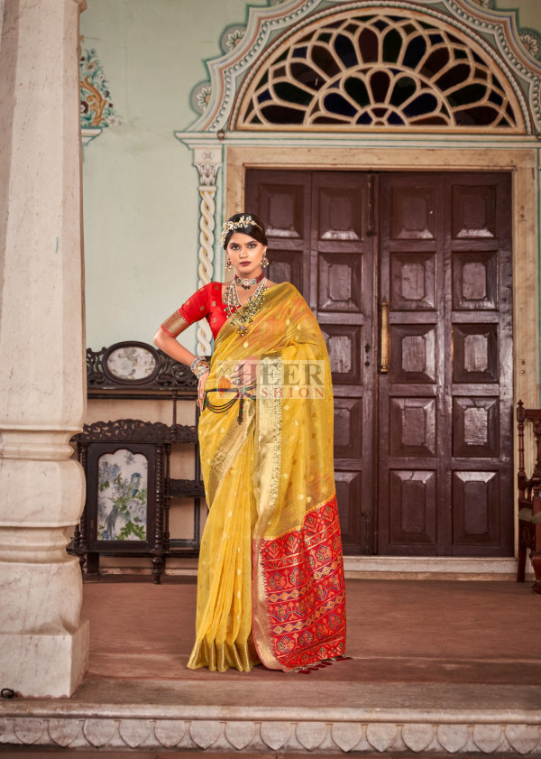 Yellow Silk Zari Floral Zaal Woven Saree